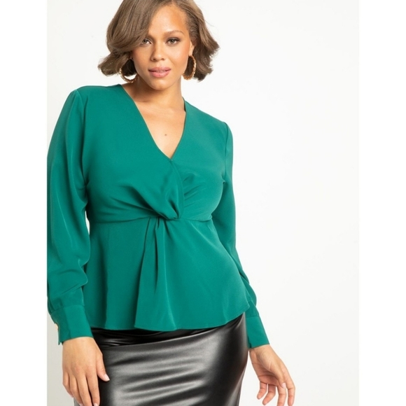 Eloquii Twist-Front Peplum Blouse Top Size 18 Kelly Green Surplice Snap-Front - Picture 1 of 12